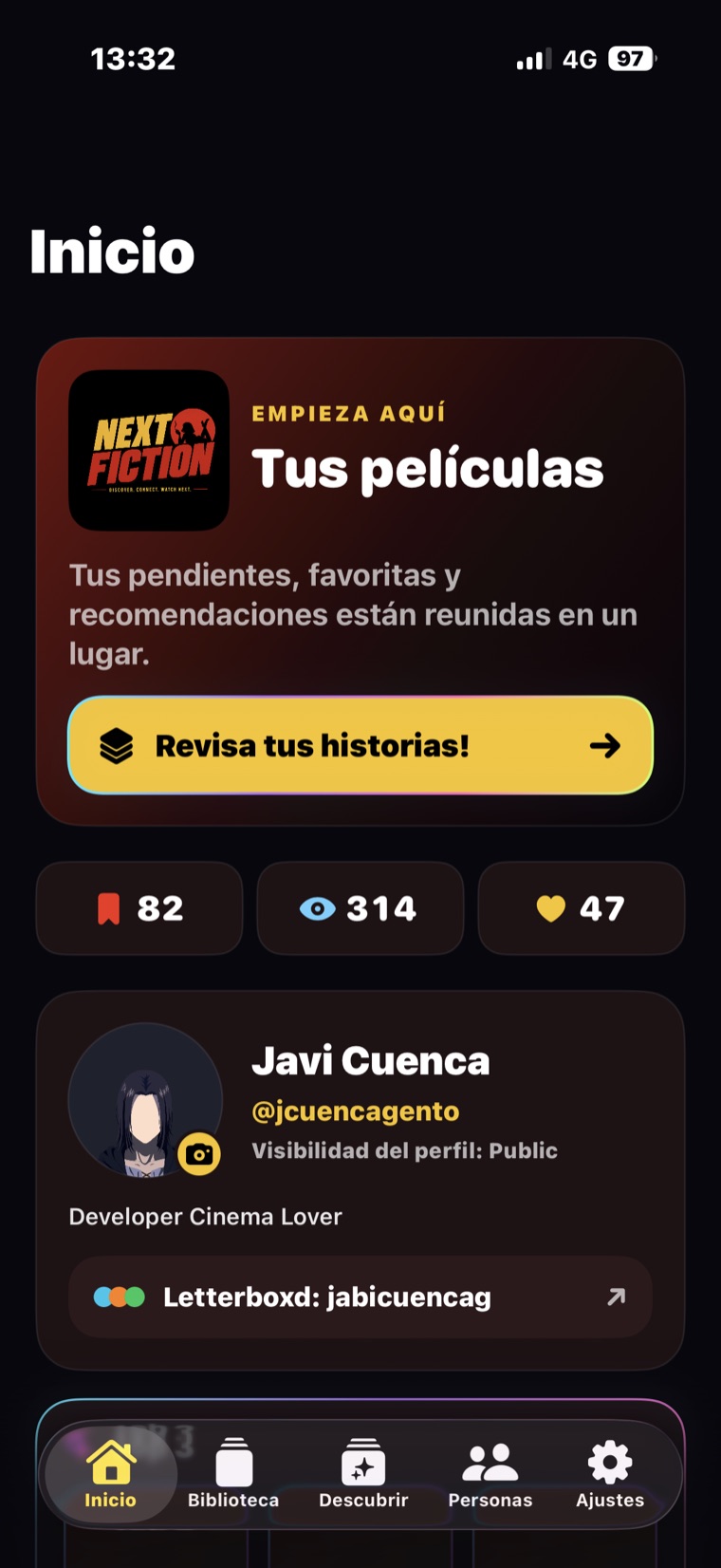 Inicio y perfil de NextFiction